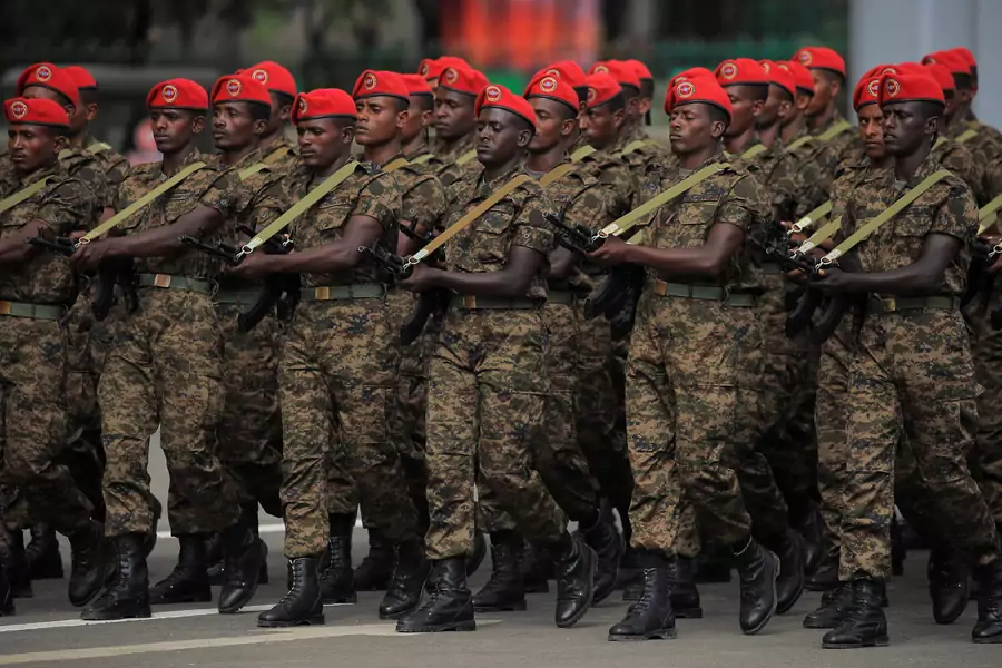 Members of Ethiopian Republican Guards march during a rally to celebrate Ethiopia’s Prime Minister Abiy Ahmed's incumbency at the Meskel Square in Addis Ababa, Ethiopia on October 4, 2021.
