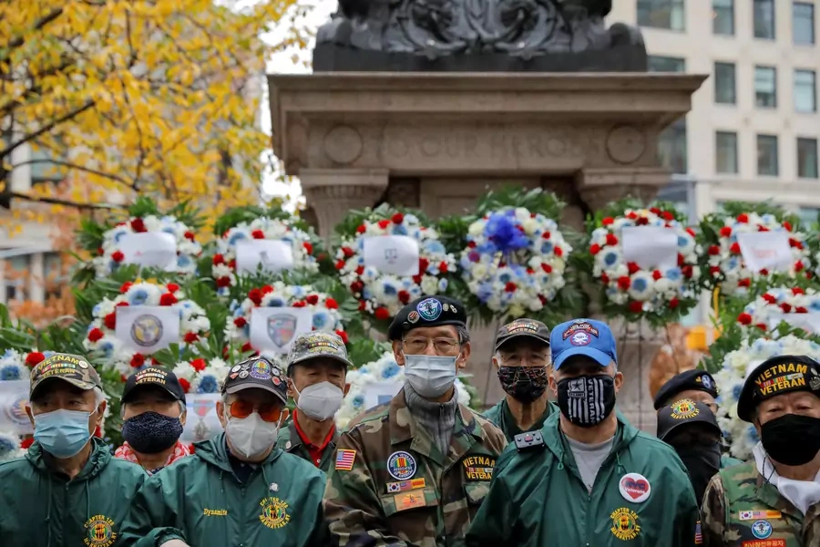 A group of veterans attend a wreath laying ceremony in Madison Square Park in New York City on November 11, 2020.