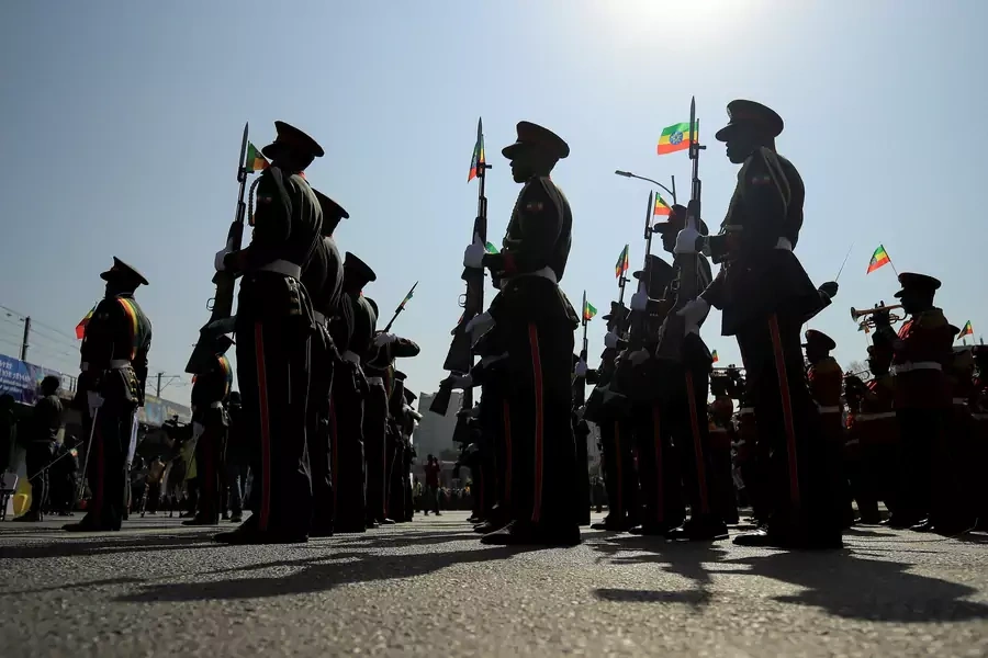 The Ethiopian National Defense Force marches during a pro-government rally denouncing alleged meddling by the Tigray People’s Liberation Front and Western powers in Ethiopia's internal affairs at Meskel Square in Addis Ababa, Ethiopia on November 7, 2021.