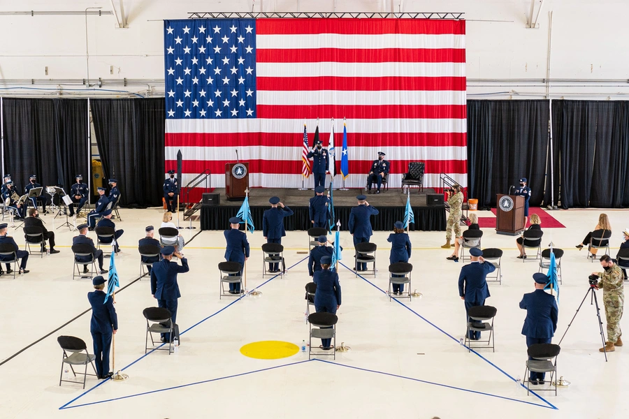 U.S. Space Force Guardians salute Brigadier General Shawn N. Bratton after he assumed command of the Space Training and Readiness Command on August 23, 2021. 