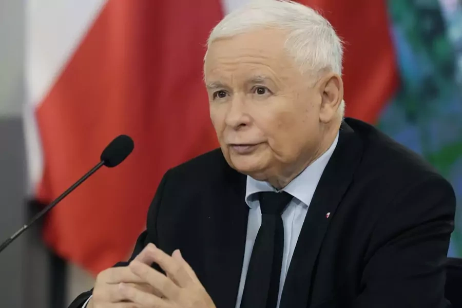 Jarosław Kaczyński, leader of the Polish Law and Justice Party, speaks at a news conference in October. Law and Justice is accused of planting malware on the phones of several activists and politicians in Poland.
