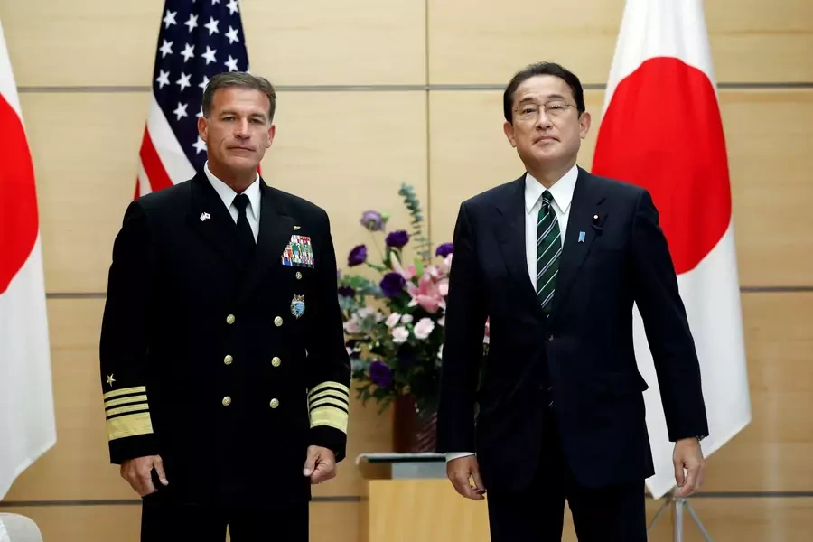 Admiral John Aquilino, Commander of the United States Indo-Pacific Command, meets with Japan's Prime Minister Fumio Kishida at Kishida's official residence in Tokyo, Japan November 11, 2021.
