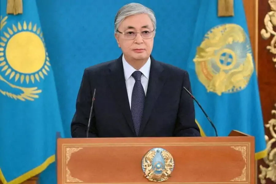 Kassym-Jomart Tokayev, president of Kazakhstan, speaks during a televised address on January 7, 2022 in the midst of unrest throughout the country..