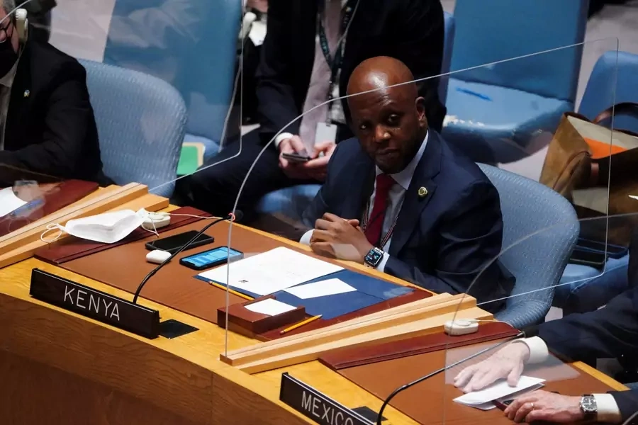 Kenya's Ambassador to the UN Martin Kimani listens during a UN Security Council meeting, on a resolution regarding Russia's actions towards Ukraine, at the UN Headquarters in New York City, United States on February 25, 2022.