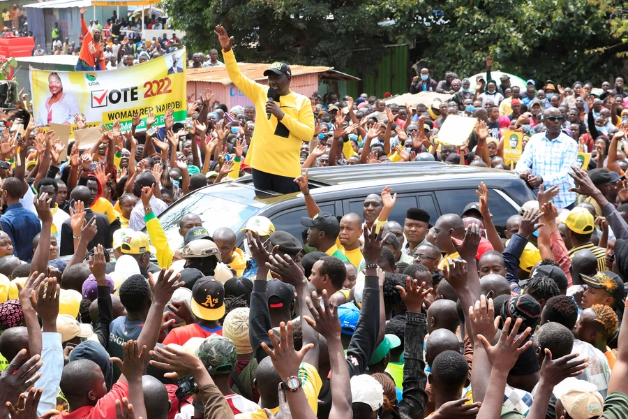 William Ruto, Kenya's deputy president and presidential candidate under United Democratic Alliance (UDA) party, addresses a campaign rally ahead of the forthcoming elections in Kibera district of Nairobi, Kenya on January 18, 2022.