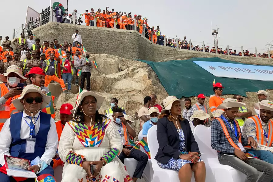 Delegates attend the ceremony at the Grand Ethiopian Renaissance Dam (GERD) as it began producing electricity from its mega-dam on the Blue Nile in Guba Woreda, Benishangul Gumuz Region, Ethiopia on February 20, 2022.