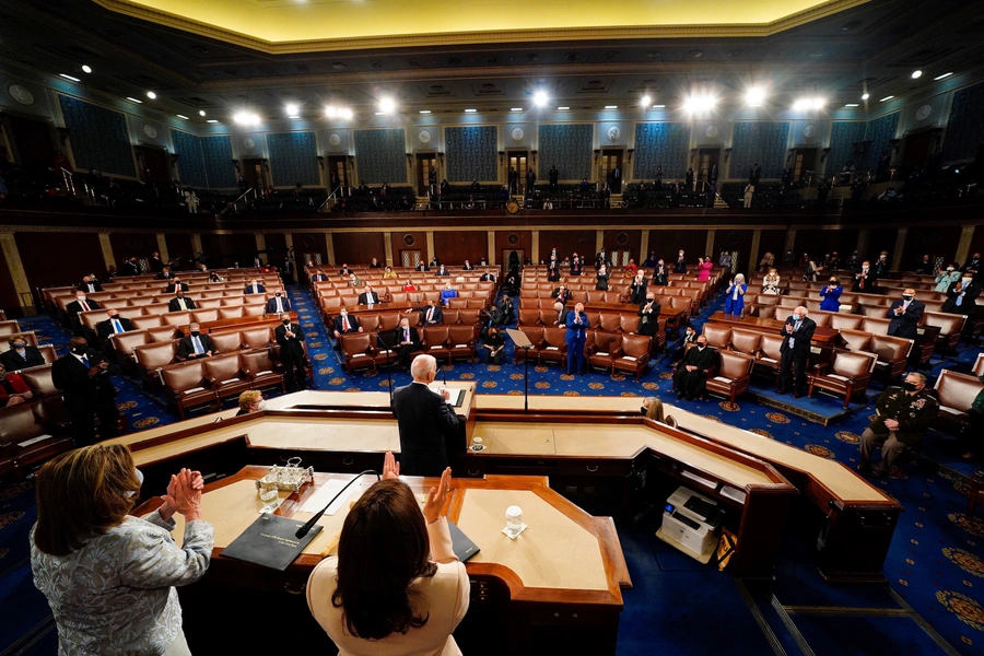 President Joe Biden delivers his first annual address to Congress before a limited audience on April 29, 2021. 