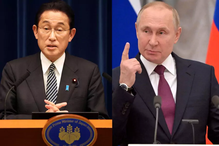 Japanese Prime Minister Fumio Kishida in Tokyo, Japan December 21, 2021, and Russian President Vladimir Putin in Moscow, Russia February 15, 2022