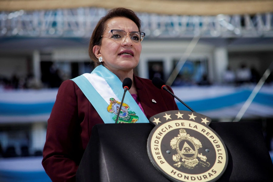 New Honduran President Xiomara Castro delivers a speech during her swearing-in ceremony in Tegucigalpa on January 27.