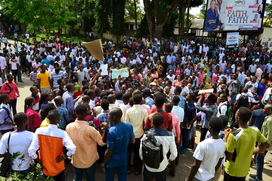Students of the University of Calabar take part in a protest over tuition fees and poor infrastructure in the university, in Calabar, Nigeria on October 12, 2015.