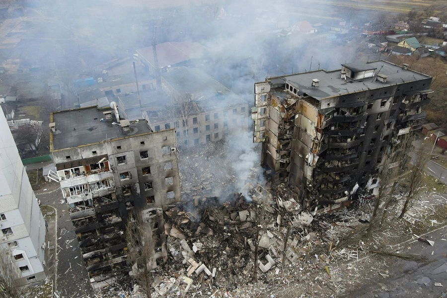 An aerial view shows a residential building destroyed by shelling, as Russia's invasion of Ukraine continues, in the settlement of Borodyanka in the Kyiv region, Ukraine, on March 3, 2022.