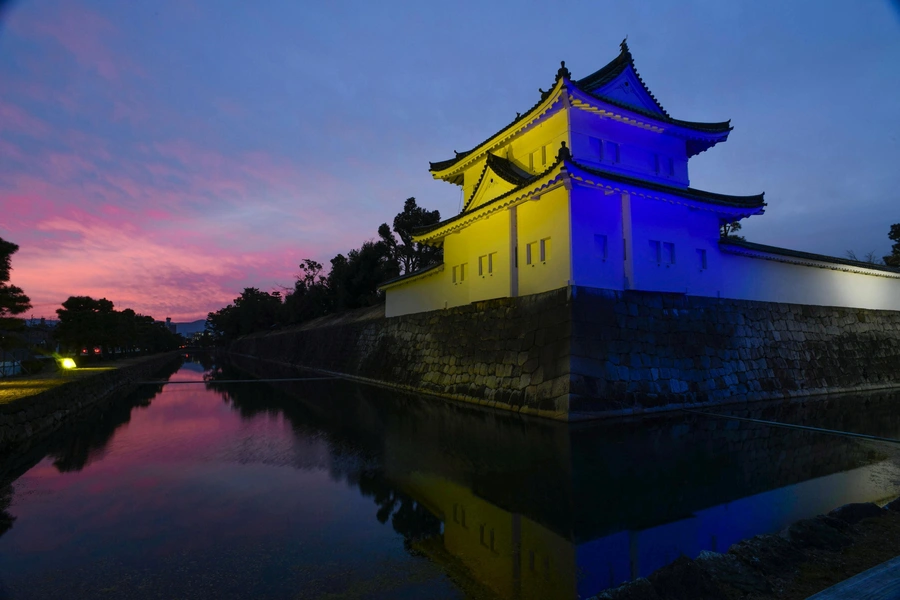 Nijo-jo Castle in Kyoto, western Japan, is lit up in the colours of the Ukrainian flag in a show of solidarity with Ukraine following Russia's invasion to the country