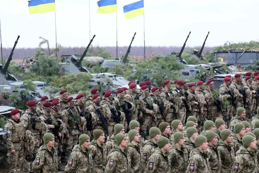 Ukrainian airborne troops stand in formation during drills in November 2021. Physical strikes have played a far larger role in the conflict in Ukraine than cyberattacks.