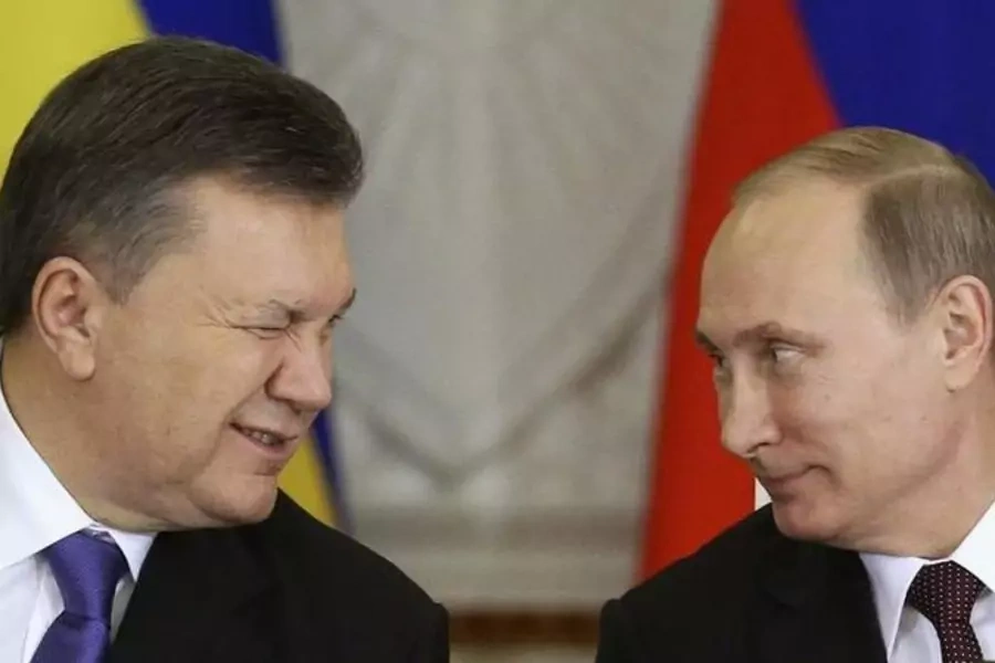 Ukrainian President Viktor Yanukovych and Russian President Vladimir Putin at a meeting in December 2013. Yanukovych, widely seen as a pro-Russia figure, would be deposed in the 2014 Maidan Revolution.