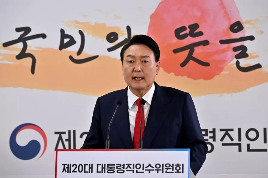 South Korea's President-Elect Yoon Suk-yeol speaks during a news conference at his transition team office in Seoul, South Korea on March 20, 2022.