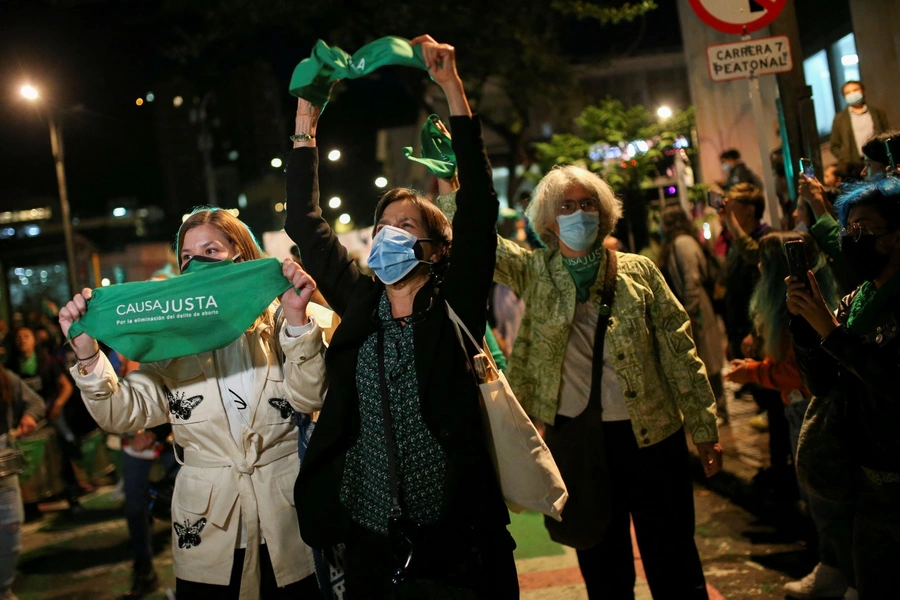 Colombian pro-choice activists react to the constitutional court decision to decriminalize abortion until 24 weeks of gestation, in Bogota, Colombia.