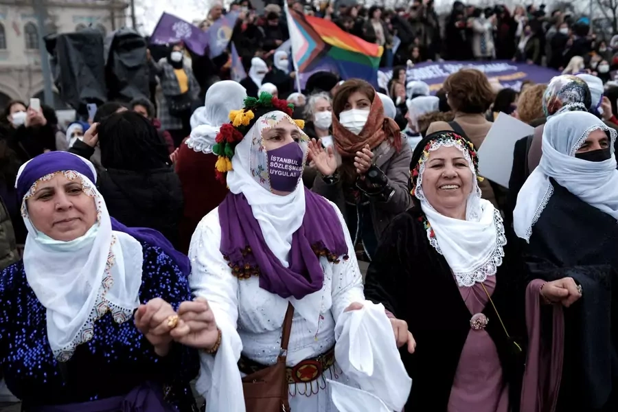 Demonstrators dance during a rally ahead of International Women's Day, in Istanbul, Turkey March 6, 2022.