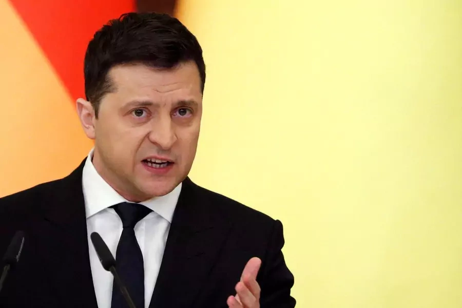 Ukrainian President Volodymyr Zelenskyy at a joint press conference with German Chancellor Olaf Scholz in February 2022.