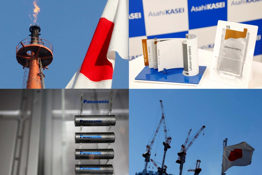 Japan’s flag at a steel plant at Keihin industrial zone. Panasonic Corp's lithium-ion batteries displayed at the Panasonic Center. Japan's flag in front of a commercial construction site. Mock of lithium-ion battery displayed at Asahi Kasei Corporation. 