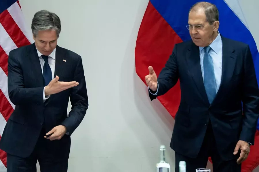 U.S. Secretary of State Antony Blinken and Russian Foreign Minister Sergey Lavrov gesture as they arrive for a meeting on the sidelines of the Arctic Council Ministerial summit, in Reykjavik, Iceland, on May 19, 2021. 