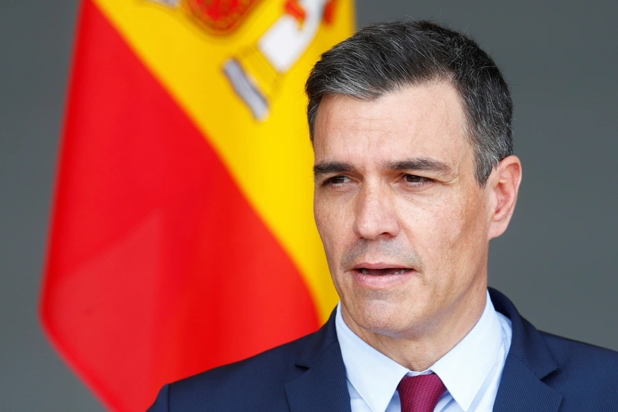 Spanish Prime Minister Pedro Sanchez speaks at a Lithuanian airbase in July 2021.