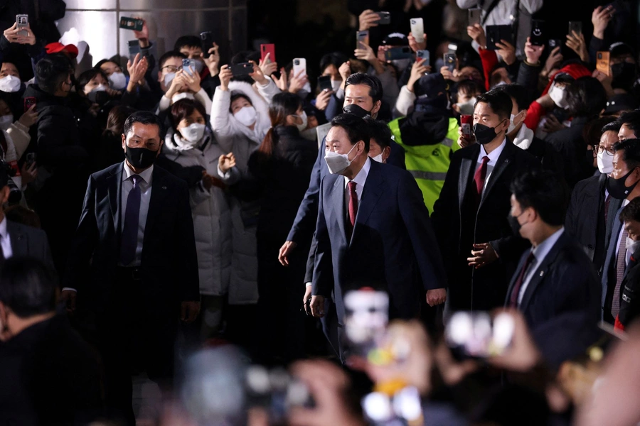 President-Elect Yoon Suk-yeol leaves his house to meet supporters in Seoul, South Korea on March 10, 2022. 