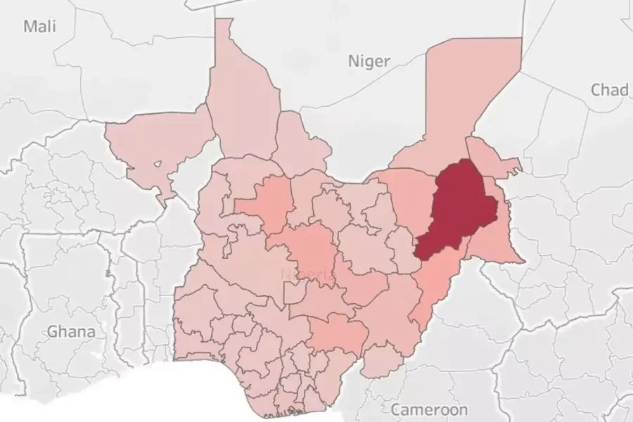 The map depicts deaths by state. Borno State, in Nigeria's North East, is the epicenter of Boko Haram-related violence, which has also spilled into neighboring Adamawa and Yobe states, among others