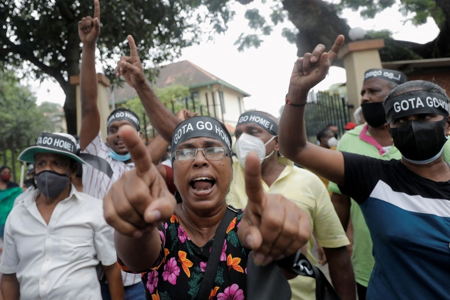 People shout slogans against Sri Lanka's President Gotabaya Rajapaksa during a protest in Colombo, Sri Lanka.