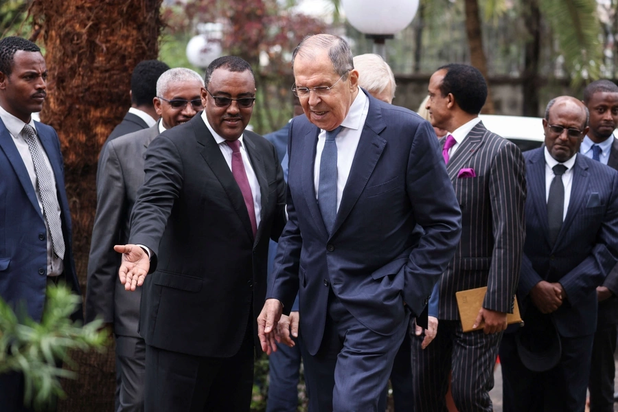 Russian Foreign Minister Sergey Lavrov and his Ethiopian counterpart Demeke Mekonnen arrive at Russian Embassy during Lavrov's visit to to Addis Ababa, Ethiopia, July 27, 2022.