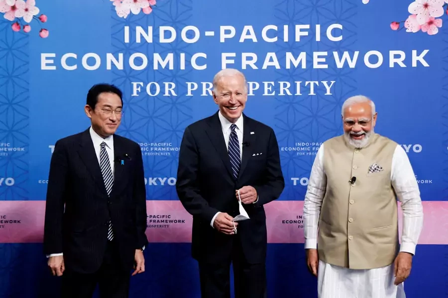 U.S. President Joe Biden, India's Prime Minister Narendra Modi, and Japan's Prime Minister Fumio Kishida attend the Indo-Pacific Economic Framework for Prosperity (IPEF) launch event at Izumi Garden Gallery in Tokyo, Japan, on May 23, 2022.