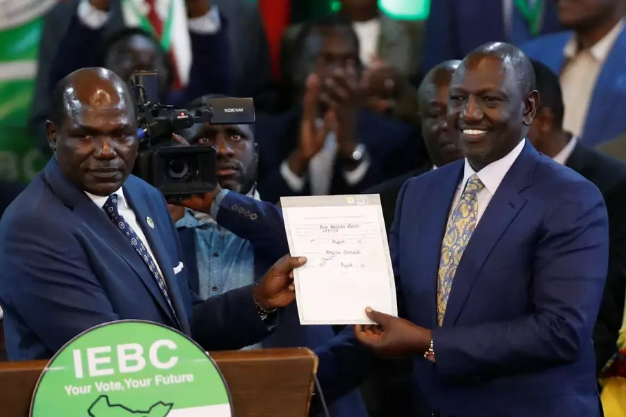 Kenya's Deputy President and presidential candidate William Ruto reacts after being declared the winner of Kenya's presidential election, at the IEBC National Tallying Centre in Nairobi, Kenya August 15, 2022. 