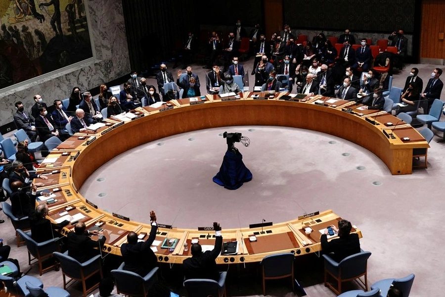 UN Security Council members vote during a session in February 2022.