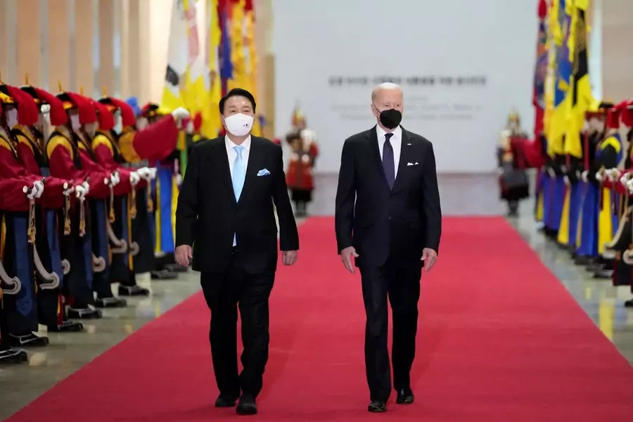 U.S. President Joe Biden and South Korean President Yoon Suk-yeol arrive for a state dinner at the National Museum of Korea in Seoul, South Korea on May 21, 2022.