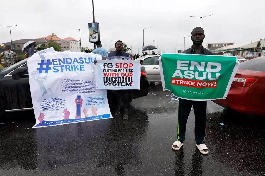 Members of the National Association of Nigerian Students (NANS) stage a protest against prolonged strike of the Academic Staff Union of Universities (ASUU) in Lagos, Nigeria on September 19, 2022.
