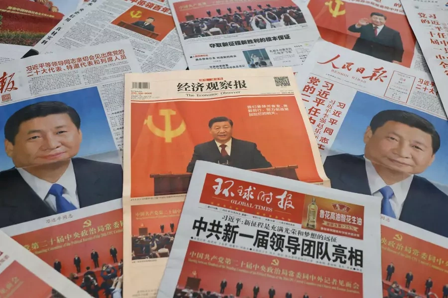 Newspaper reports on the new Politburo Standing Committee led by Chinese President Xi Jinping, following the 20th National Congress of the Communist Party of China, are seen in this illustration picture taken October 24, 2022.