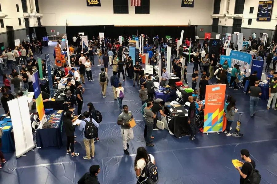 Students attend the University of California, Berkeley's electrical engineering and computer sciences career fair in Berkeley, California