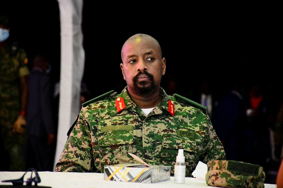 General Muhoozi Kainerugaba, the son of Uganda's President Yoweri Museveni, looks on during his birthday party in Entebbe, Uganda on May 7, 2022.