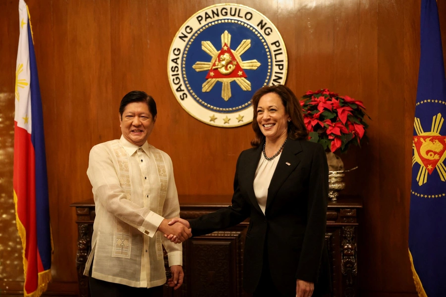 U.S. Vice President Kamala Harris shakes hands with Philippines President Ferdinand "Bongbong" Marcos Jr. at the Malacanang presidential palace in Manila, Philippines, November 21, 2022.