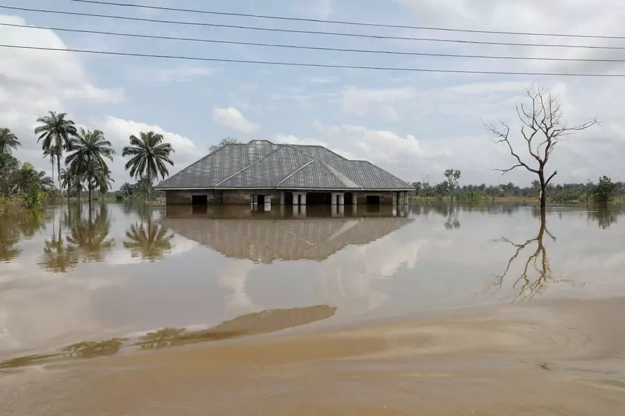 A building submerged in water is pictured, following a massive flood in Obagi community, Rivers state, Nigeria on October 22, 2022. 