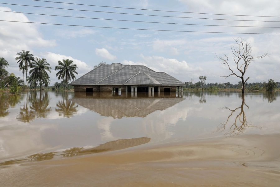 A building submerged in water is pictured, following a massive flood in Obagi community, Rivers state, Nigeria on October 22, 2022. 