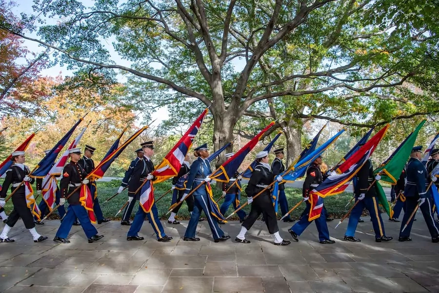 Flag Cordon marches to observe Veterans Day at Arlington National Cemetery.
