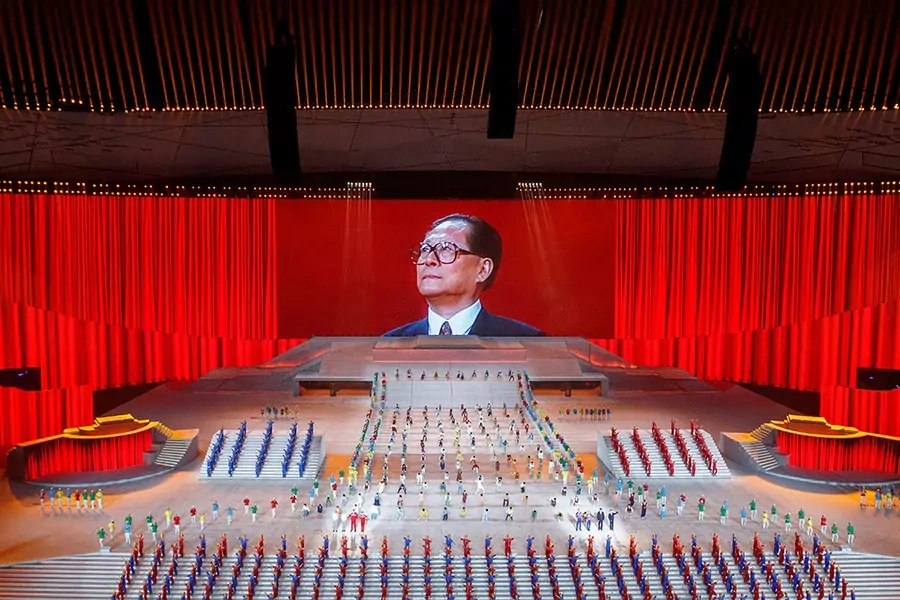 A screen shows former Chinese leader Jiang Zemin during an event in 2021 commemorating the one hundredth anniversary of the Chinese Communist Party’s founding. 