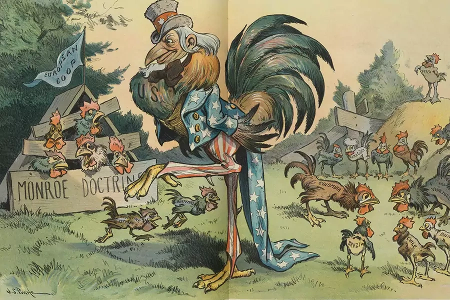 Political cartoon depicting Uncle Sam as a large rooster protecting smaller roosters—Latin American countries—and Europe “cooped up” by the Monroe Doctrine. 