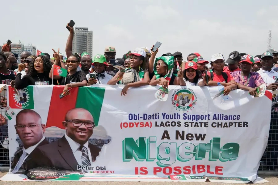 Supporters of the Labour party's presidential candidate, Peter Obi, attend a campaign rally ahead of the Nigerian presidential election in Lagos, Nigeria on February 11, 2023.