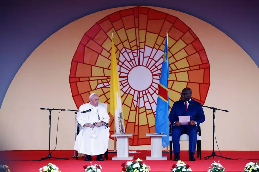 Pope Francis and Democratic Republic of Congo's President Felix Tshisekedi sit on the stage for a meeting at the Palais de la Nation on the first day of Pope Francis' apostolic journey, in Kinshasa, Democratic Republic of Congo on January 31, 2023. 