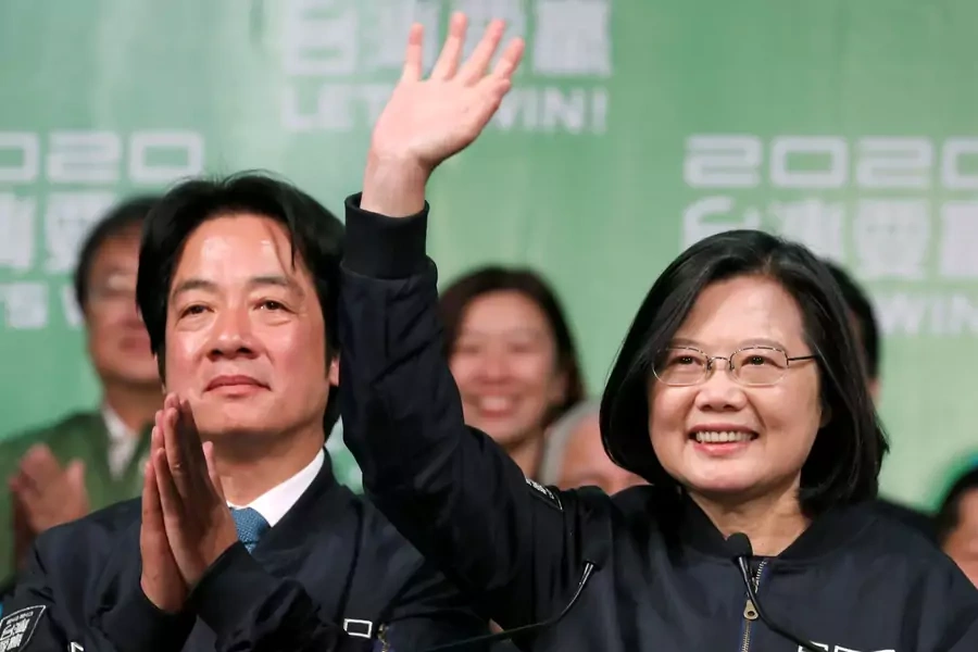 Incumbent Taiwan President Tsai Ing-wen and Vice President-elect William Lai wave to their supporters after their election victory at a rally on January 11, 2020. Tsai won the presidency in 2020 despite Chinese interference in the electoral process.