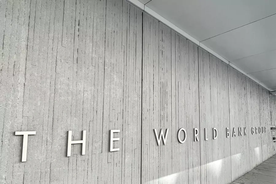 The World Bank Group logo is seen on the institution's building in Washington, DC 
