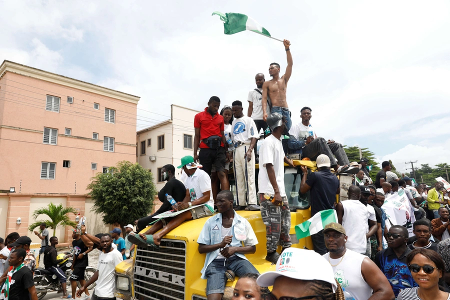 Supporters of Labour Party's presidential candidate, Peter Obi, attend a rally in Lekki, Lagos, Nigeria on October 1, 2022.