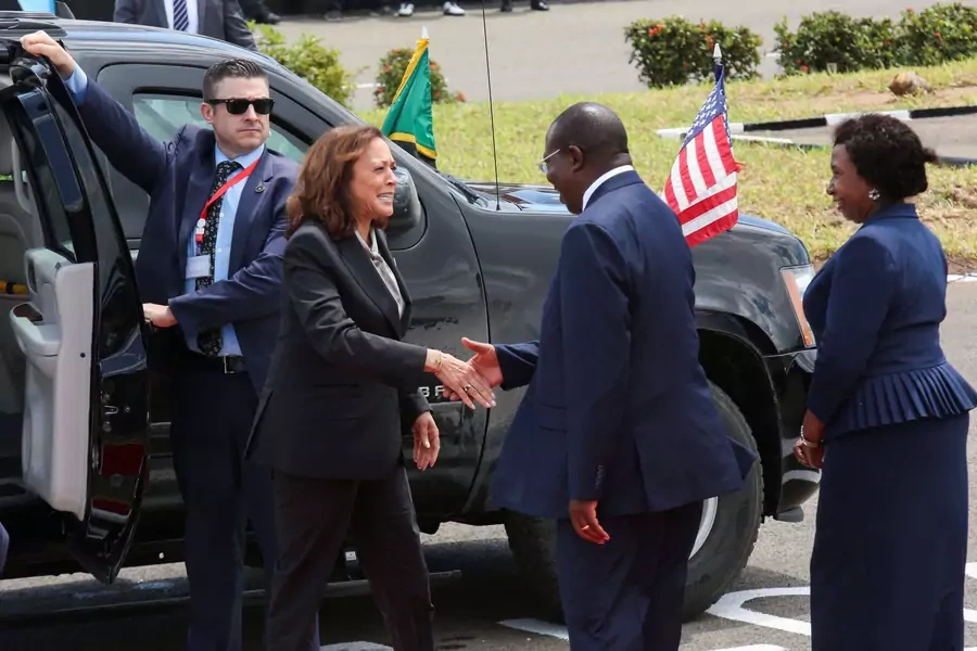 U.S. Vice President Kamala Harris meets Tanzania Vice President Philip Mpango before departing from the Julius Nyerere Airport in Dar es Salaam, Tanzania on March 31, 2023.