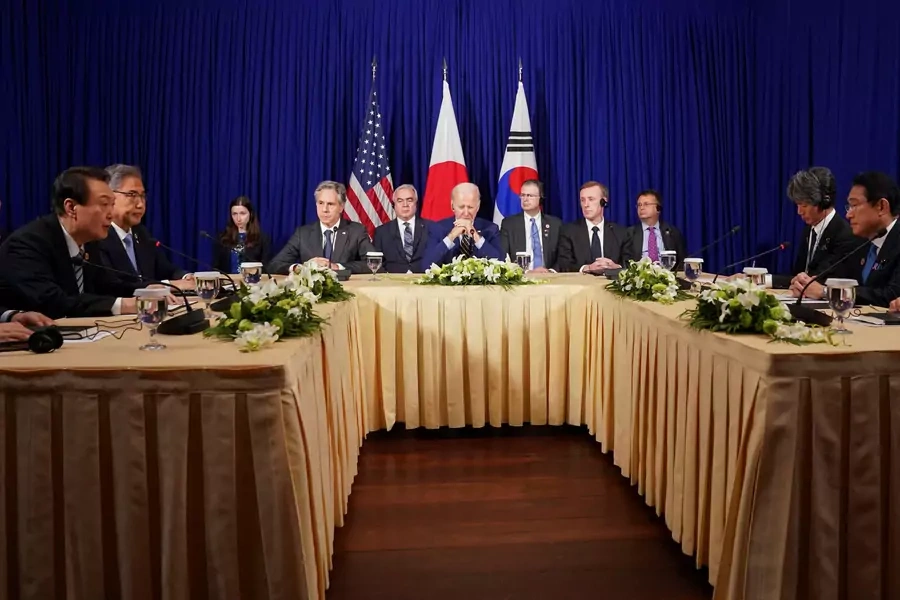 U.S. President Joe Biden attends a trilateral meeting with South Korean President Yoon Suk-yeol and Japanese Prime Minister Fumio Kishida in Phnom Penh, Cambodia on November 13, 2022. 